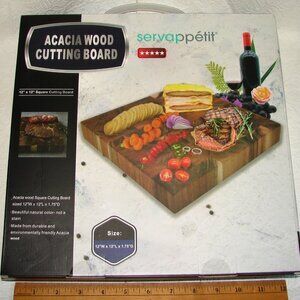 NEW Acacia Wood CUTTING BOARD by Servappetit, 12" x 12" x 1.75" NIB